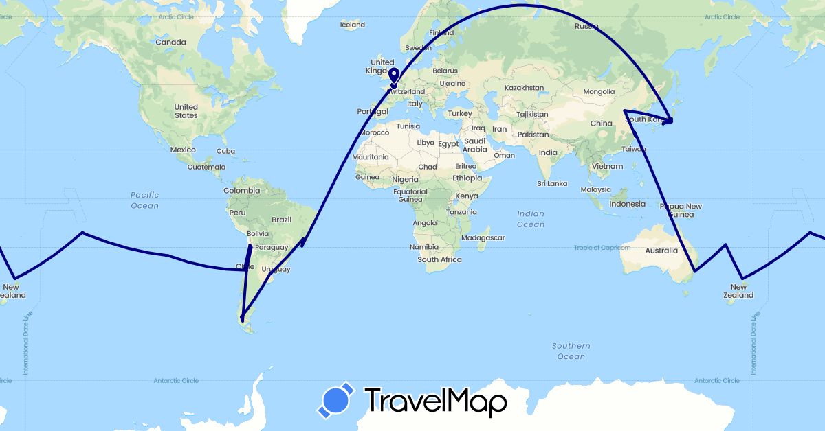 TravelMap itinerary: driving in Argentina, Australia, Brazil, Chile, China, France, Japan, New Caledonia, New Zealand, French Polynesia (Asia, Europe, Oceania, South America)